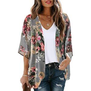 Women's Floral Puff Sleeve Kimono Cardigan Loose Cover Up Casual Blouse‎ Tops